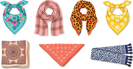 Fashion scarf and bandana vector illustration set featuring floral neckerchief plaid muffler leopard print scarf paisley bandana and fringed winter wrap isolated on white background © MDFahim