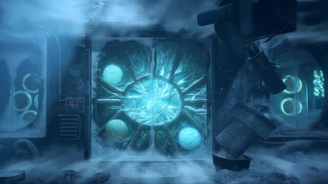 Cryogenic Chamber with Glowing Blue Energy Core in a Futuristic Laboratory Setting Featuring Sci-Fi, Technology, Advanced Machinery with High-Tech