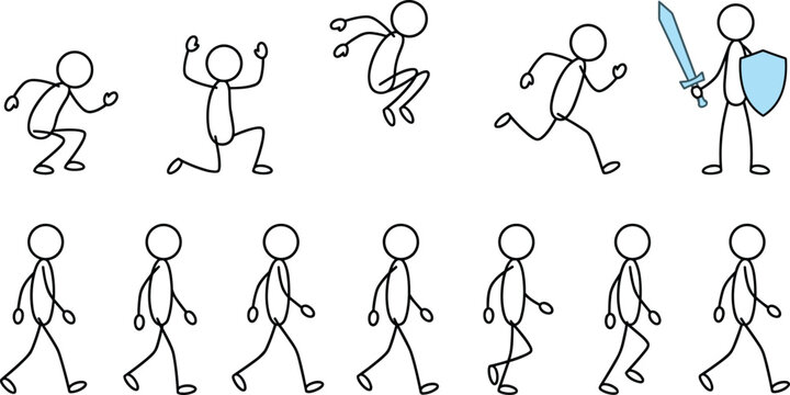 Stick figure action vector icon set featuring walking cycle frames running jumping celebrating and warrior character with sword and shield isolated on white background
