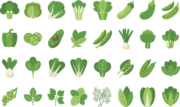 Collection of fresh green vegetables flat design style isolated on a white background