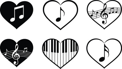 Collection of heart silhouettes with musical notes, treble clef, piano keys, and staff – love and music vector illustration set © TOMSINA