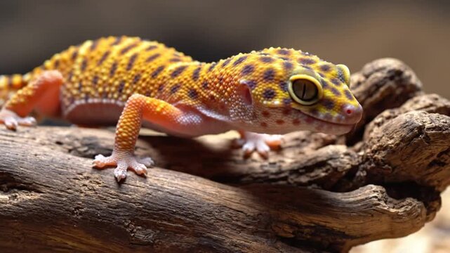 Close-up of a vibrant leopard gecko resting on a textured wooden branch, showcasing its intricate patterns and curious eyes