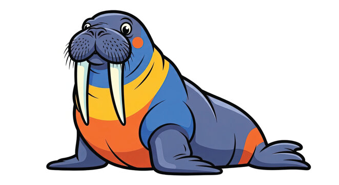 Colorful Cartoon Walrus Sitting Down.