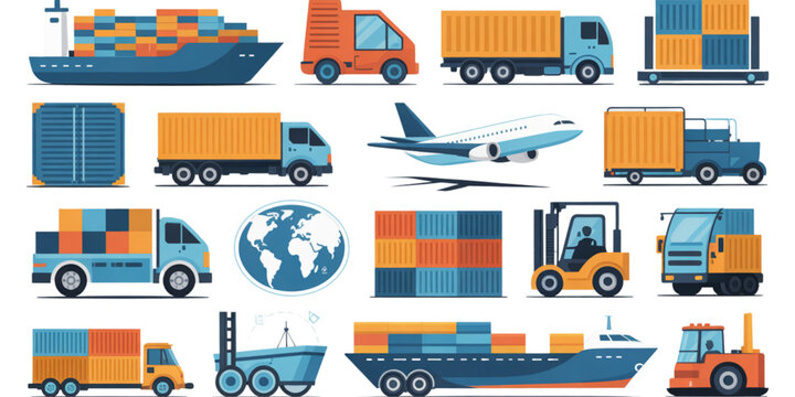 Colorful delivery trucks and vehicles transporting goods on a modern road Vector