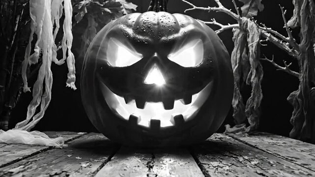 Spooky illuminated jack o'lantern glowing in grayscale setting the stage for Halloween night