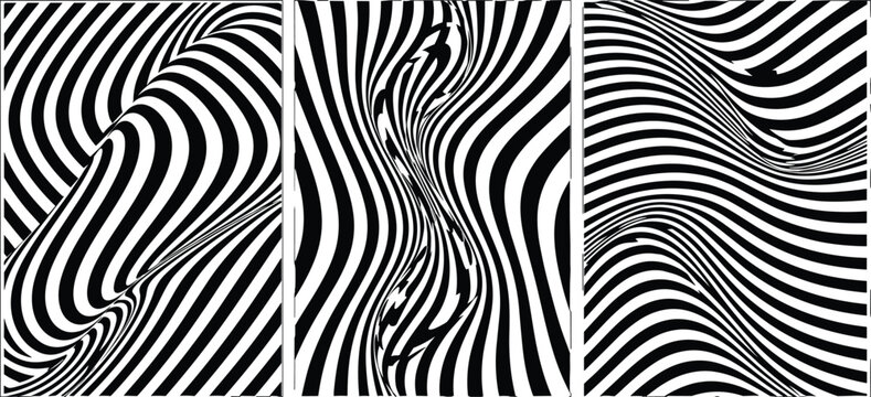 Collection of optical illusion stripe panels with wavy, distorted, and flowing black-and-white patterns &ndash; abstract vector illustration set