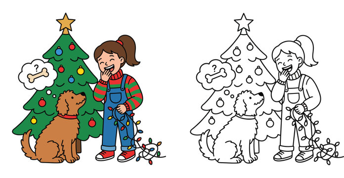 Cute girl decorating Christmas tree with her dog thinking of a bone, holiday cartoon illustration and coloring page version for children
