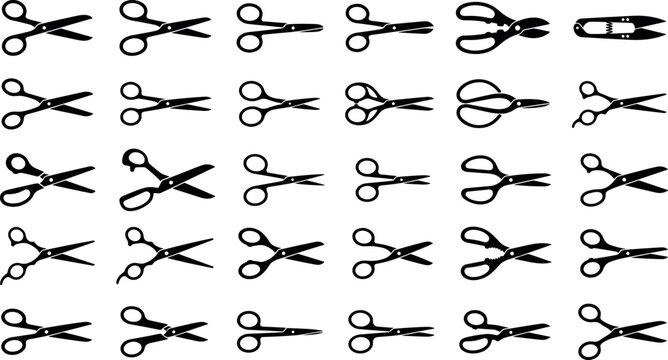 Large collection of different scissors black silhouette icons vector set isolated on white background for tailoring, sewing, crafting, barber shop, and office supplies.