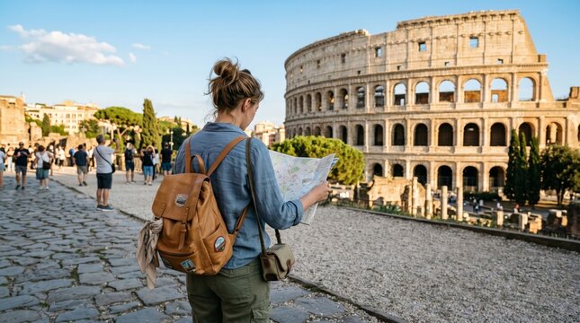 A traveler with a backpack reads a map near the Colosseum in Rome. The concept is adventure, travel planning, and exploring historical landmarks for cultural insight. Generative AI.