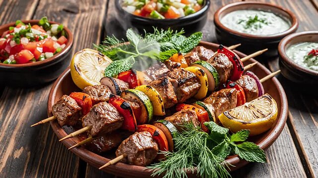 Grilled meat and vegetable skewers on rustic board.