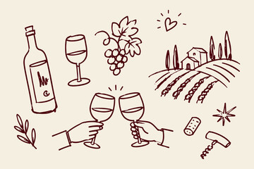 Fototapeta na wymiar Wine Tasting Set Doodle Sketch Vector Illustration
