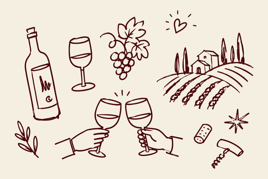 Wine Tasting Set Doodle Sketch Vector Illustration