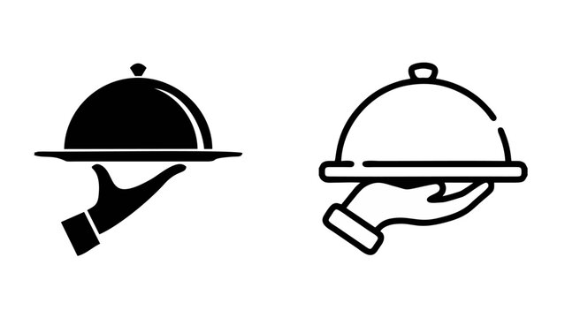 Vector illustration of waiter hand icon set carrying food serving cover, ideal for luxury restaurant logo, catering business, hotel service, cafe menu and food delivery app.