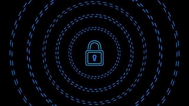 Glowing blue padlock outline animation with unlock to lock motion and rotating dashed circle lines on black background. 4K animated for cyber security, data protection, privacy, and motion graphics.