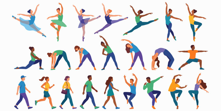Dynamic Flat Vector Faceless Ballet Dancer Character Set Featuring Graceful Dance Performance Poses