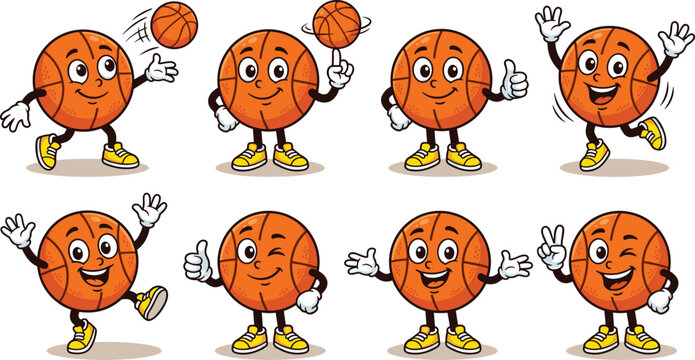 Cute basketball character mascot vector collection featuring funny cartoon balls spinning passing waving and giving thumbs up isolated on white background