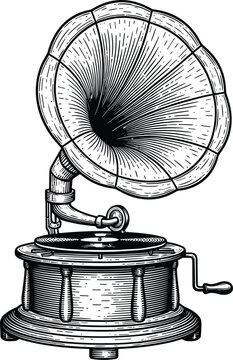 Vintage gramophone phonograph vector illustration in hand drawn engraving style with large horn isolated on white background,