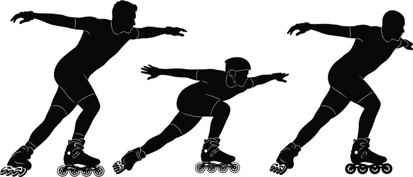 Dynamic rollerblading silhouettes of athletes in motion, inline skating illustration representing speed, balance, fitness, and outdoor sports activity in black and white design