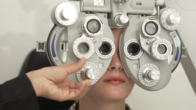 A positive female patient undergoes a professional vision check and refraction test using advanced ophthalmic equipment. This high-value commercial stock imagery represents preventative healthcare, pr