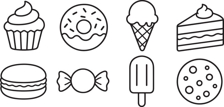 Dessert Modern and Premium Icon Set, Featuring cupcake, donut, ice cream, cake slice and More, Editable Stroke, Outline Icon Collection