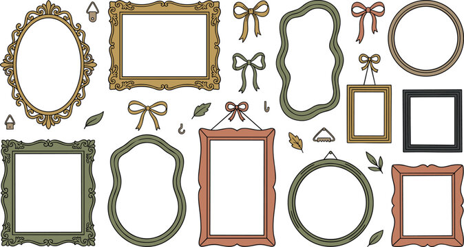 Vintage Picture Frame Vector Set with Antique Borders, Decorative Ribbons, and Hanging Hardware Elements for Elegant Gallery Wall Art Designs