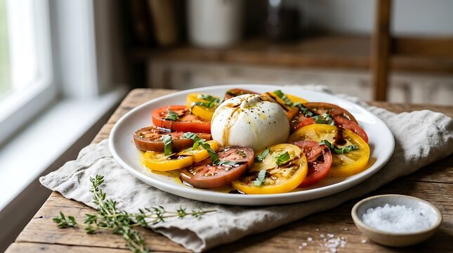 Burrata Cheese with Sliced Heirloom Tomatoes and Herbs on a Plate