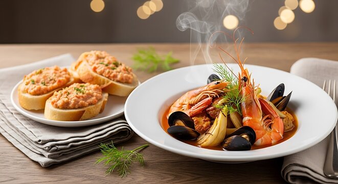 Steaming Bouillabaisse Seafood Stew with Prawns and Mussels, Served with Bruschetta