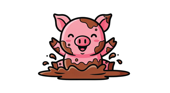Cute Pink Pig in Muddy Puddle.