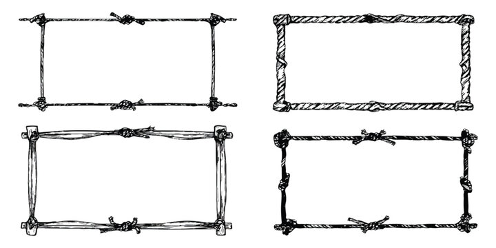 Set of four rectangular frames made from rustic rope and twine knots for decorative design projects
