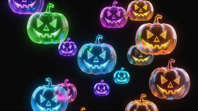 Abstract 3D Animation of Colorful Glittering Glass Halloween Pumpkins Flying Up and Down