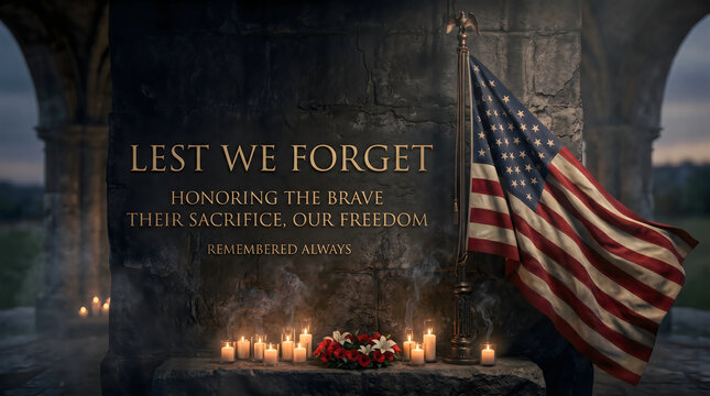 Memorial candles and flags at dusk honoring fallen heroes with remembrance message