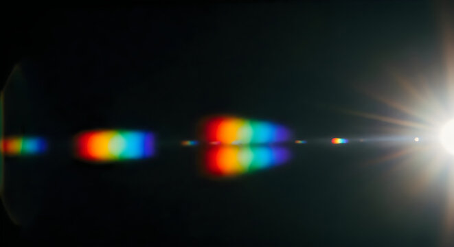 Vibrant rainbow light beam effects on a dark background with lens flare