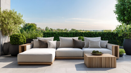 Obraz premium Modern outdoor living area providing a tranquil escape with contemporary wooden sofa and armchair, a stylish table, lush green plants, and an expansive horizon view