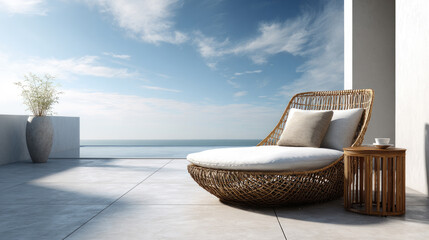 Obraz premium Wicker lounge chair with cozy cushions and a side table on a balcony terrace, presenting a tranquil outdoor living area overlooking a serene ocean and clear sky