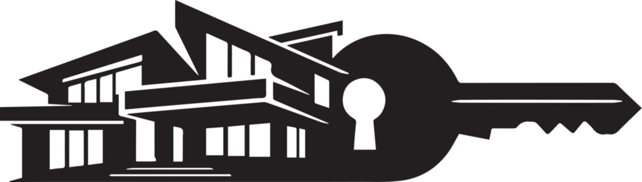 Modern house logo with key silhouette, real estate property icon in black and white, residential building construction and security concept EPS