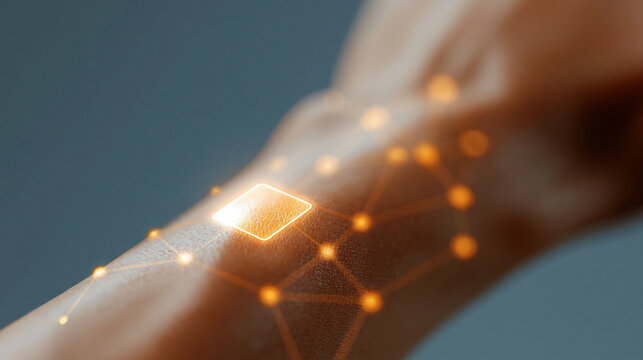 Abstract visualization of a smart SPF patch embedded in skin releasing UV-reactive ingredients in real-time, future of wearable skincare technology concept, defocused, with copy
