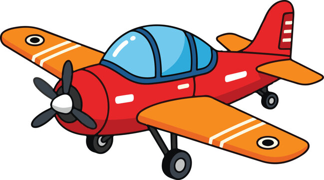 Red airplane vector illustration. Cartoon propeller plane icon. Small toy aircraft isolated on white background. Orange wings and red body. Aviation transport graphics. Kid friendly plane design. Flat