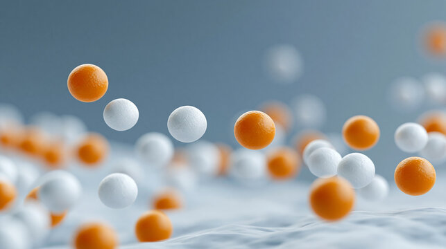 Abstract 3D molecular diagram of zinc oxide and titanium dioxide mineral sunscreen particles forming a protective layer on a skin cell cross-section, skincare science concept,