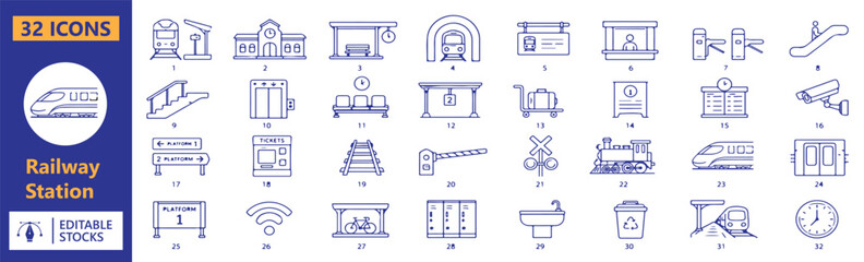 Set of 32RailwayStation icons Each icon will be different, create a vector outline icons using white background and black color  © Shekhar