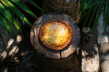 Fototapeta premium Golden-Brown Baked Pie on Rustic Wooden Stump in Lush Tropical Setting