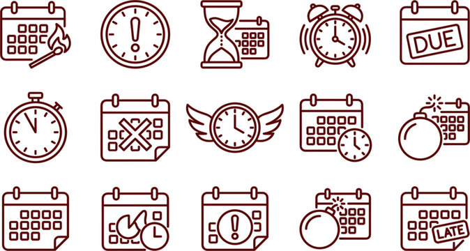 Time Management and Deadline Urgency Line Icon Set with Due Date Burning Calendar Alarm Clock and Bomb Icons for Business Projects