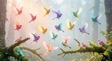 Fototapeta premium Dreamy hummingbirds flying through a luminous forest for serene decorative design. 