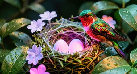 Fototapeta premium Colorful hummingbird beside a nest with eggs for delicate spring decor. 