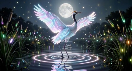 Fototapeta premium Ethereal crane dancing in moonlit water with luminous wings for serene decor. 