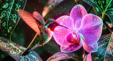 Fototapeta premium Vibrant hummingbird hovering beside a radiant orchid for elegant tropical decor. 