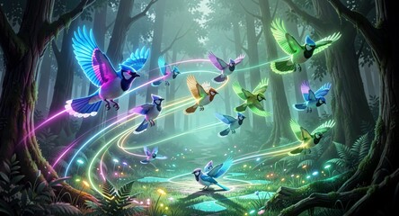 Fototapeta premium Colorful hummingbirds flying through glowing forest lights for magical nature decor. 