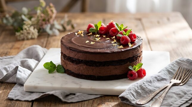 Chocolate mousse cake with fresh berries and mint garnish on rustic wooden table