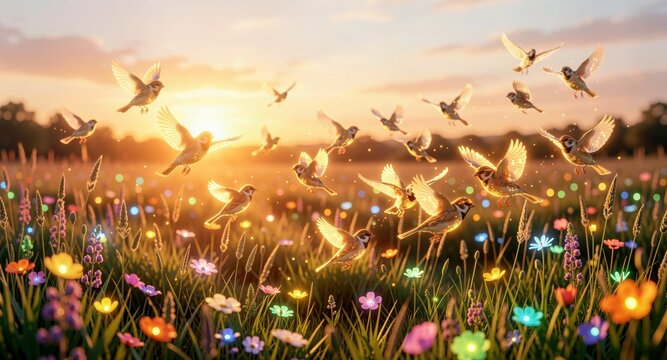 Graceful birds flying over glowing wildflower meadow at golden sunset.
