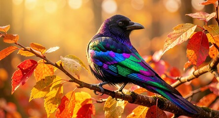 Obraz premium Colorful raven perched on autumn branch in warm golden forest light. 