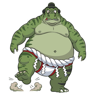 Dinosaur Sumo Wrestler Mascot Stomping Vector